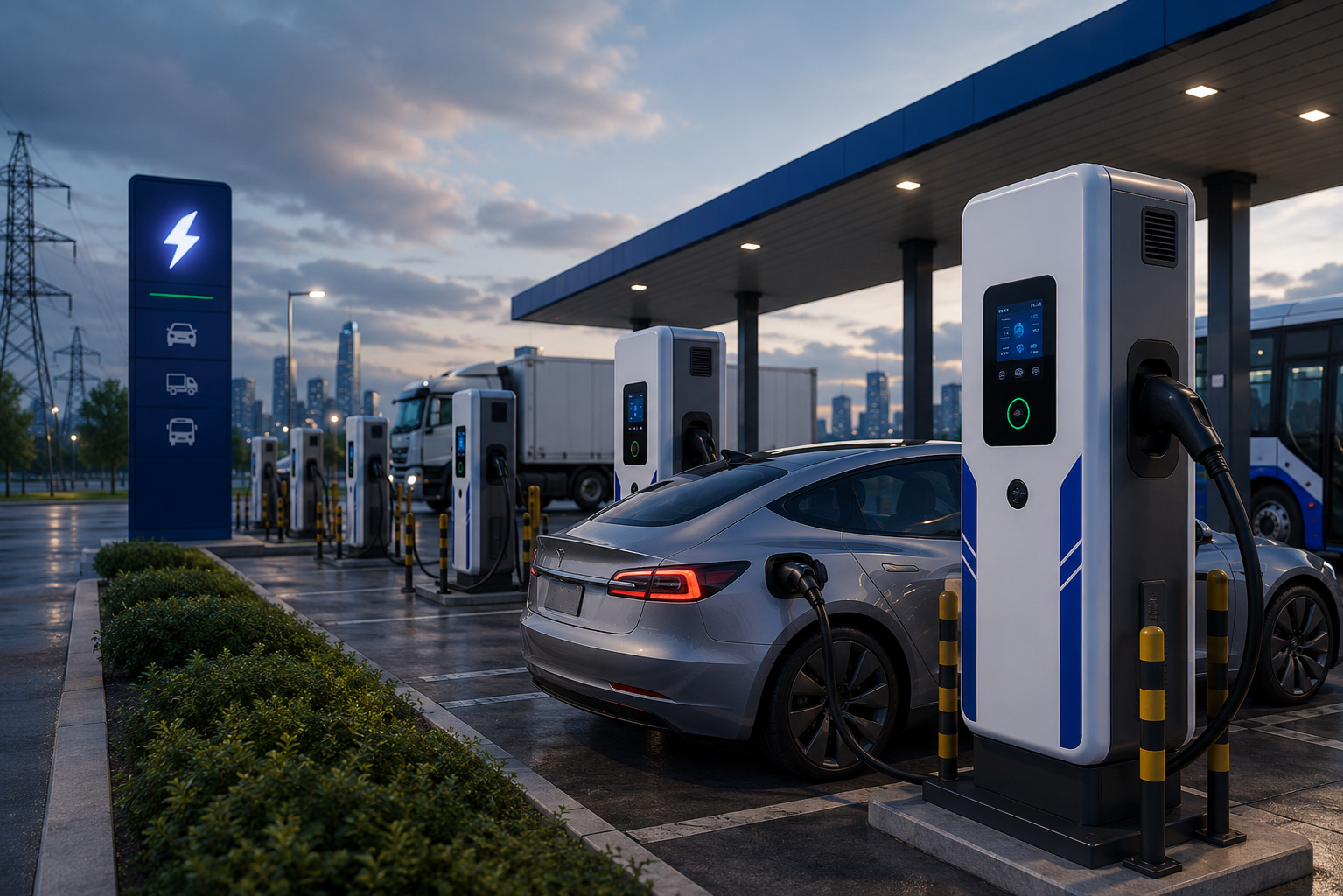 DC fast charging station serving cars, trucks and buses