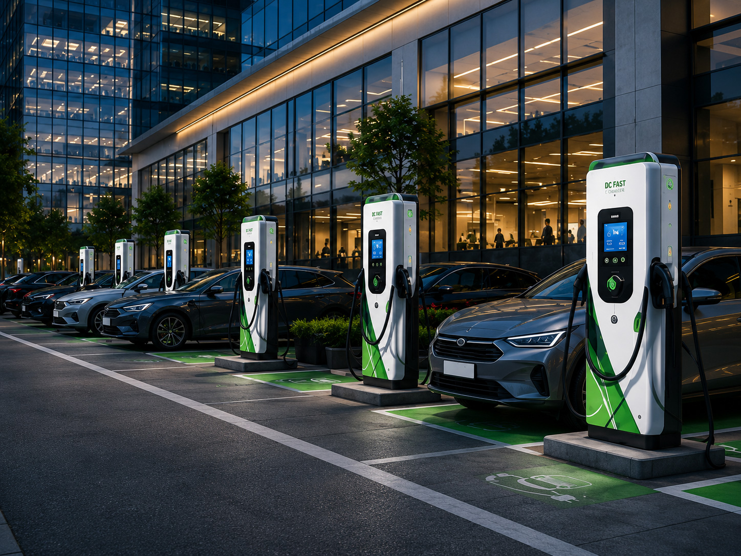 DC fast chargers at a commercial workplace parking lot