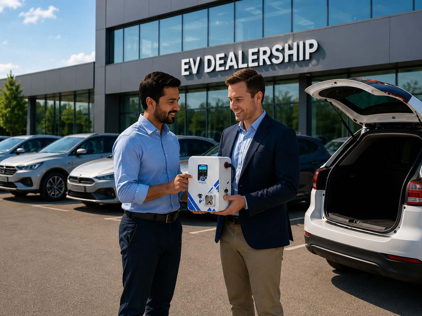 EV dealership staff presenting a portable charger to a customer