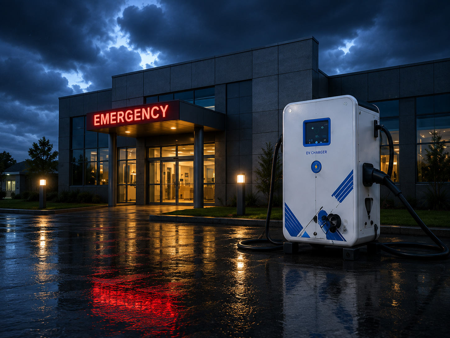 BESS charger providing backup power outside an emergency facility