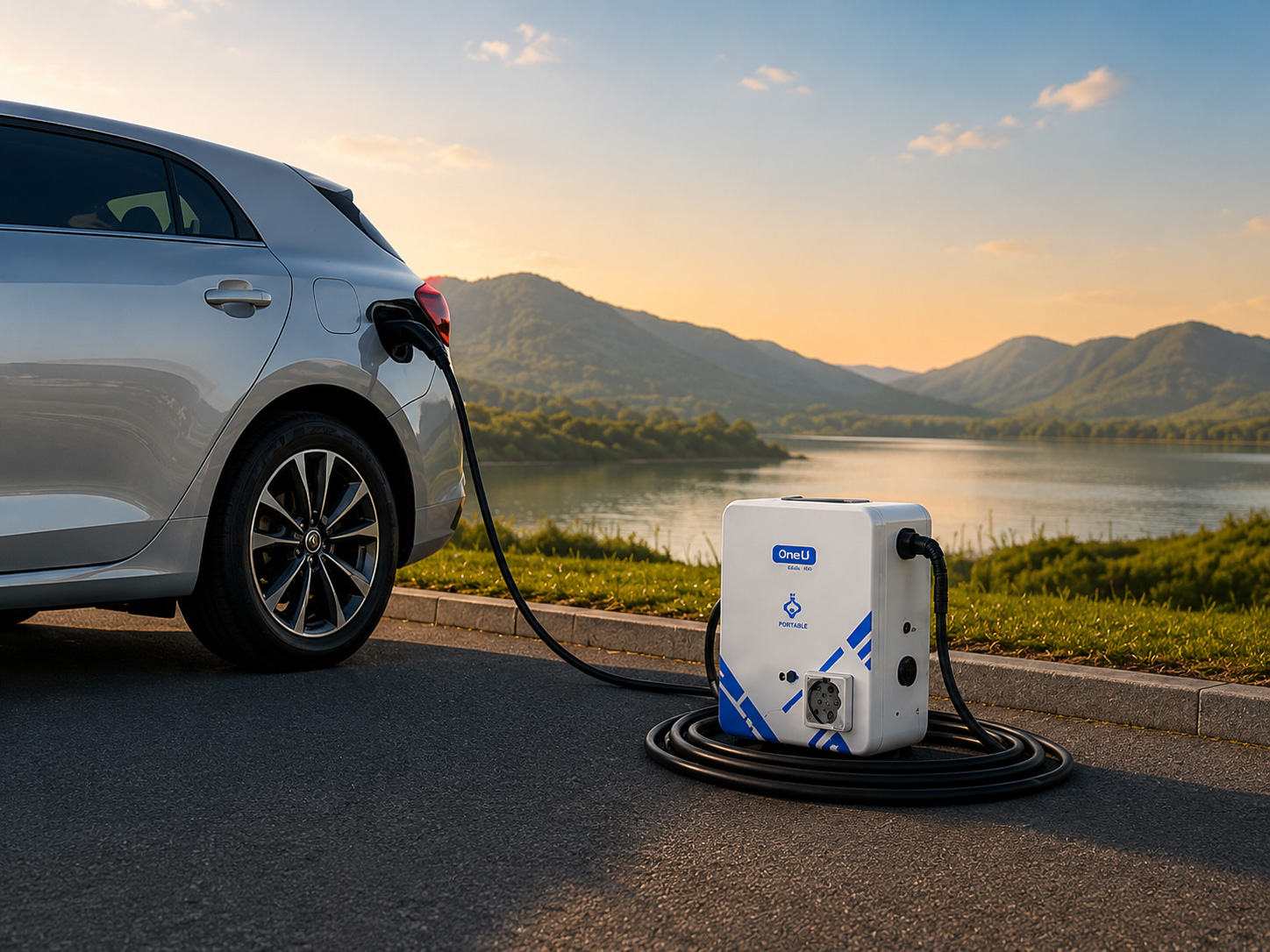 Portable EV charger charging a car on a lakeside road