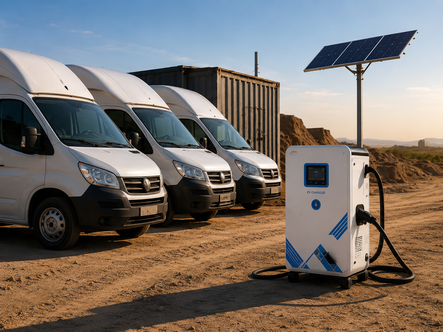 Solar-backed BESS charger serving fleet vans at an off-grid site