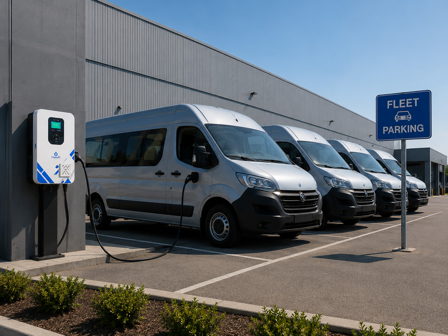 Portable charger powering a row of fleet vans at a depot