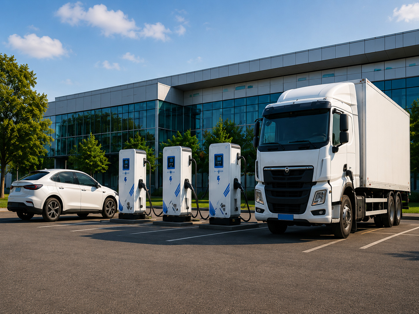 BESS fast chargers serving a car and truck at an industrial building