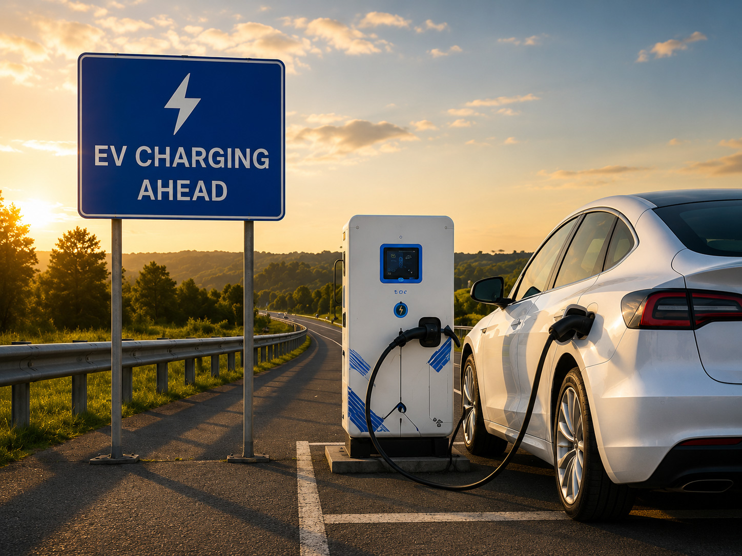 BESS fast charger beside a highway EV charging sign at sunset