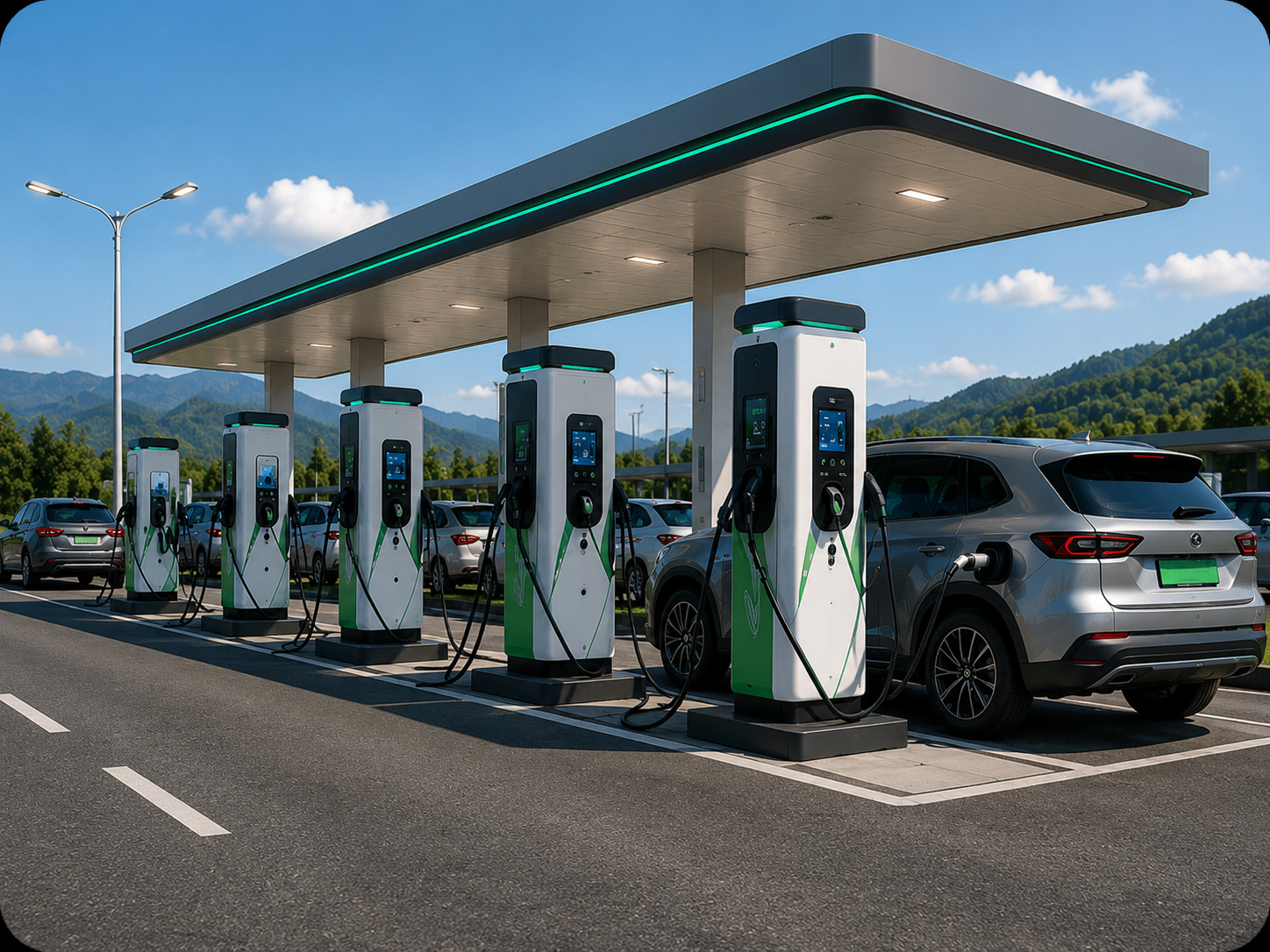 Ultra-fast DC chargers at a highway charging plaza