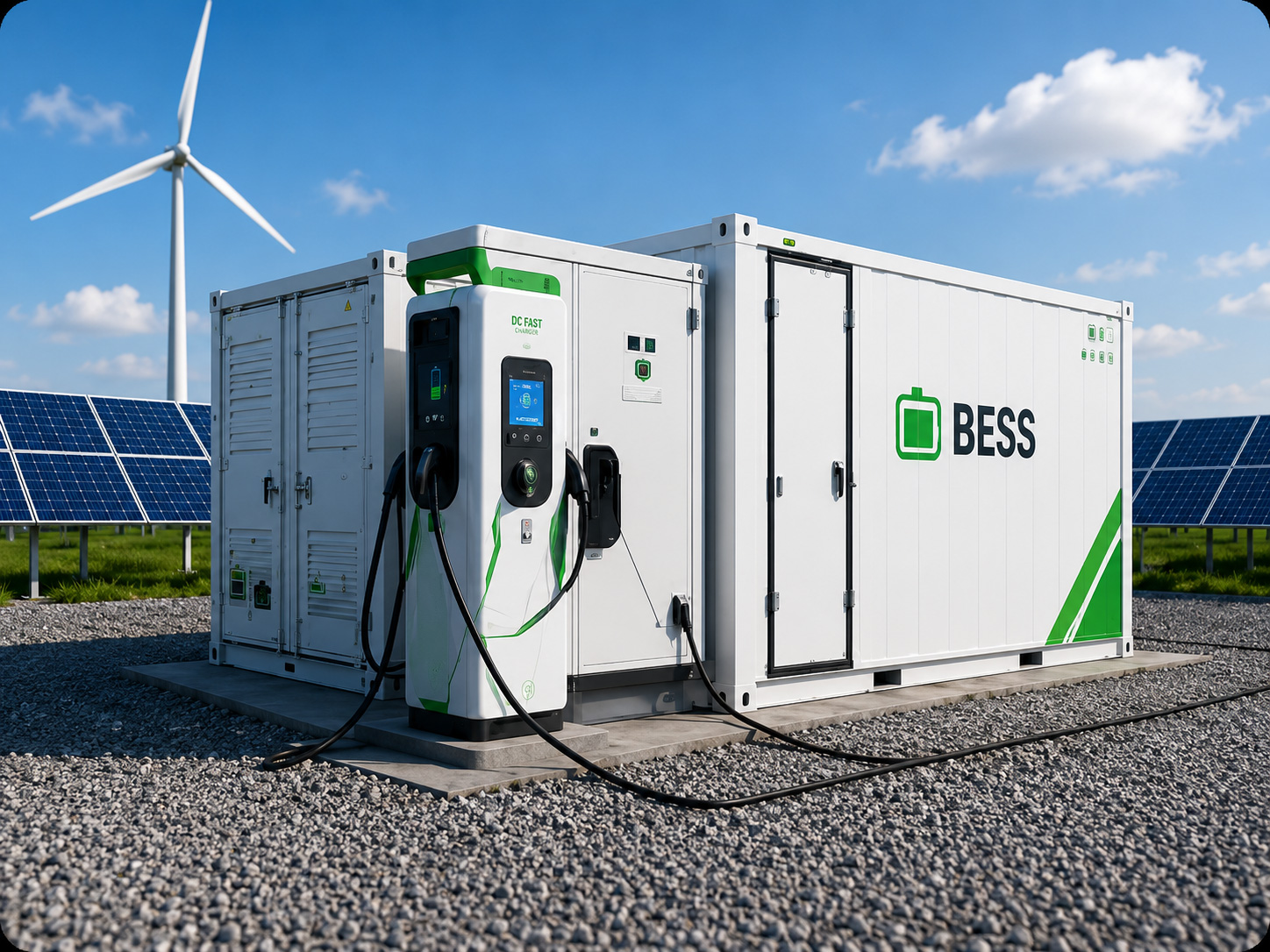 Compact DC fast charger with BESS and solar power