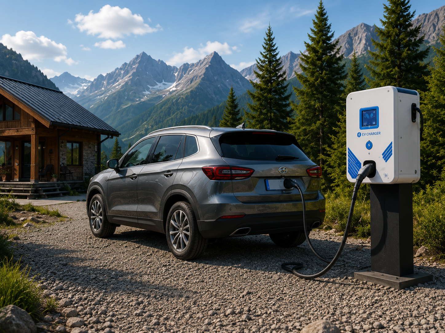 BESS EV charger powering an SUV at a remote mountain cabin