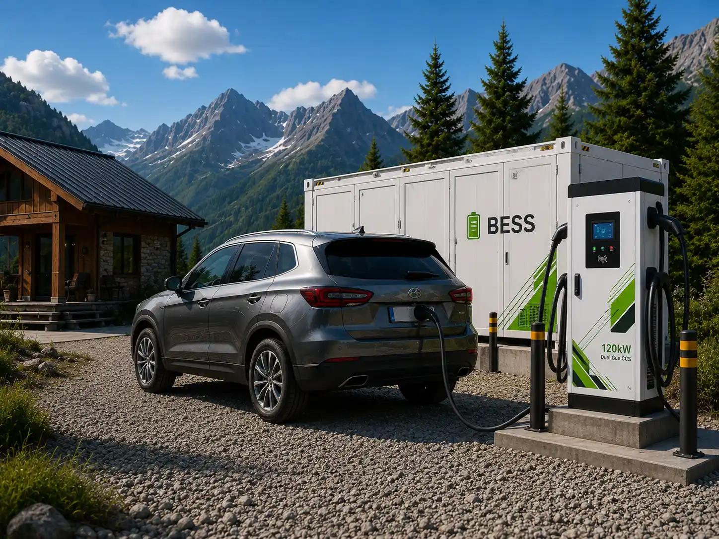 BESS EV charger powering an SUV at a remote mountain cabin