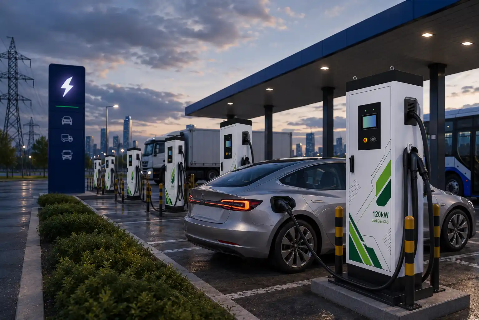 DC fast charging station serving cars, trucks and buses