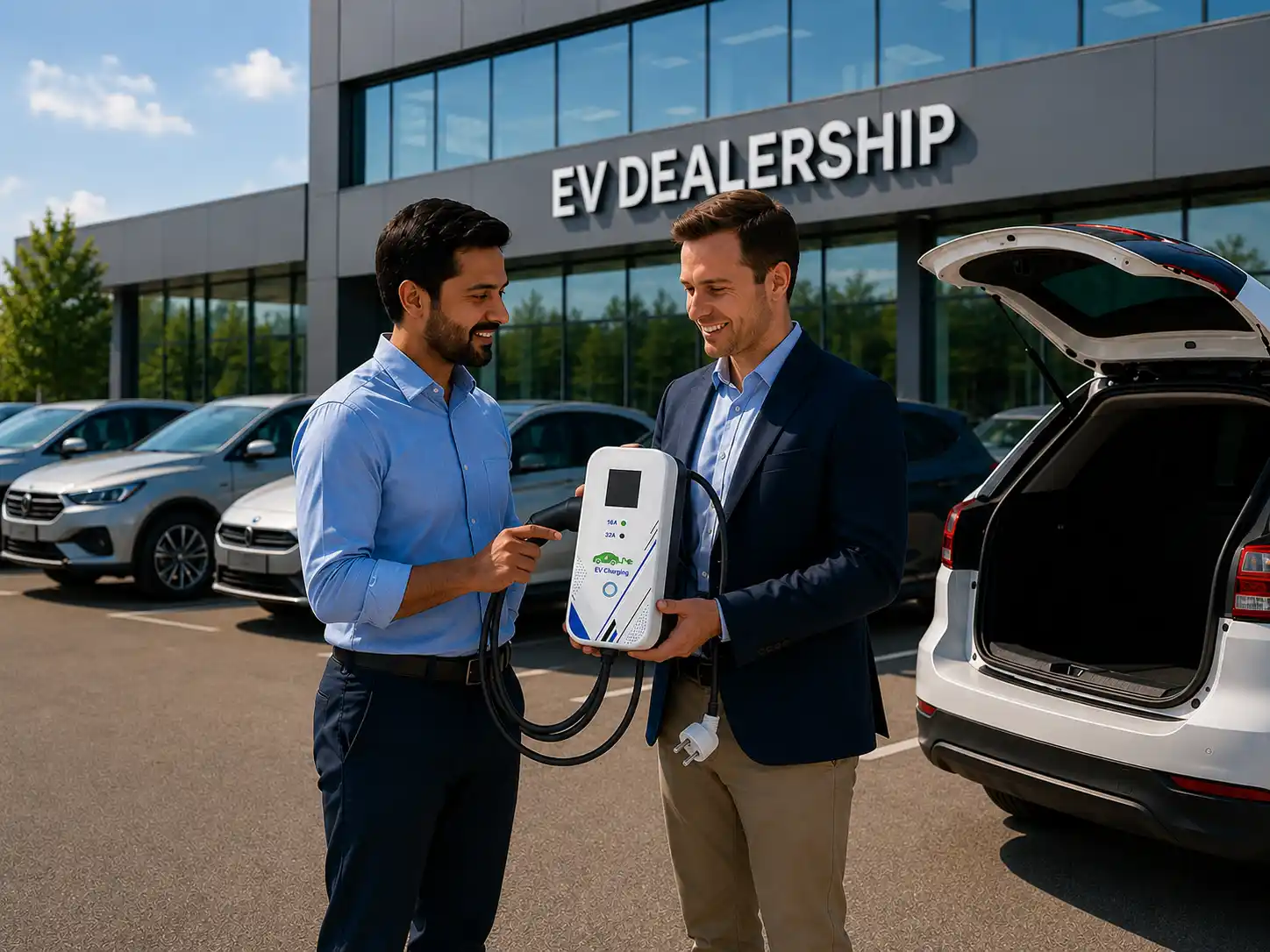 EV dealership staff presenting a portable charger to a customer