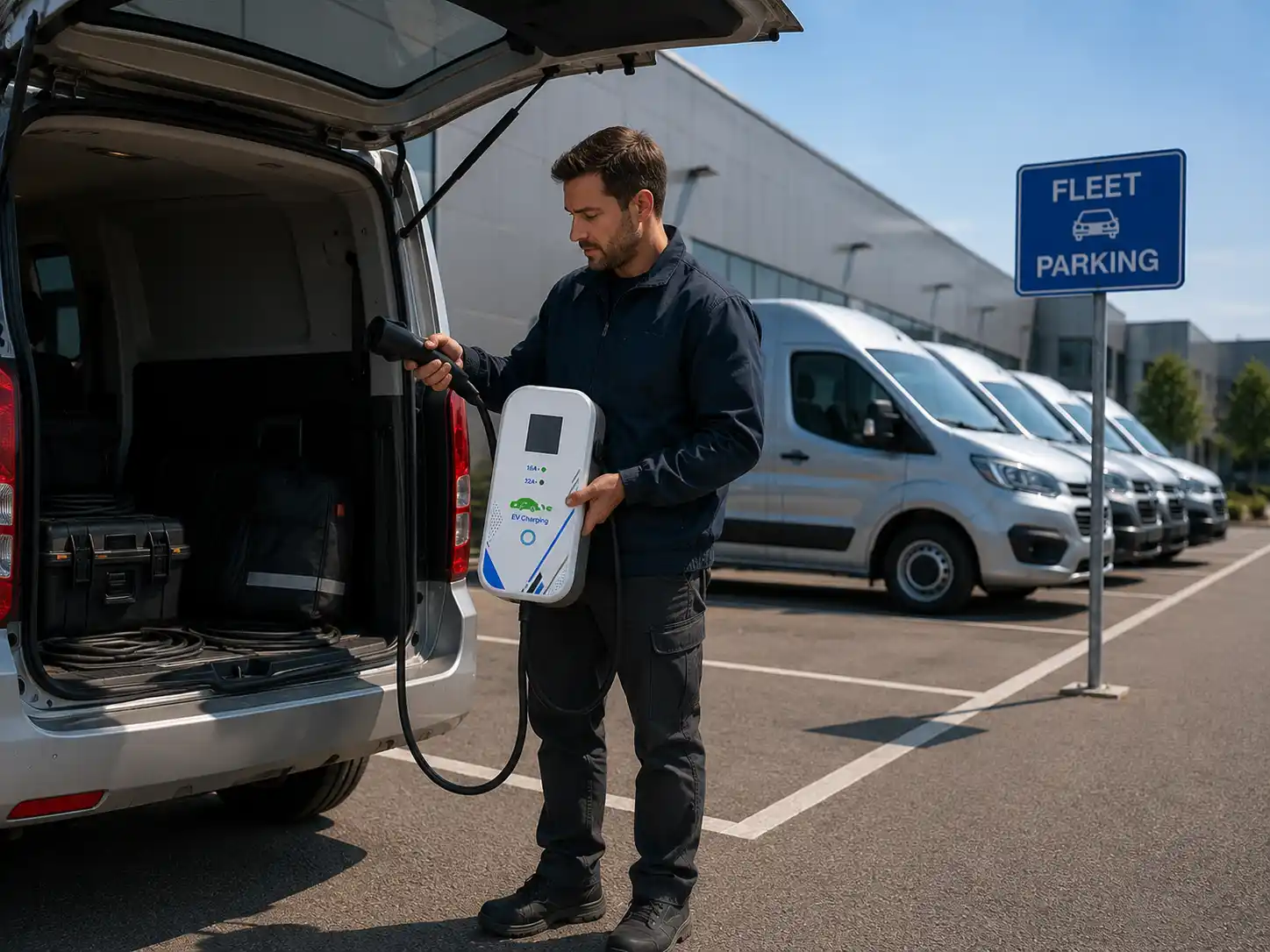 Portable charger powering a row of fleet vans at a depot