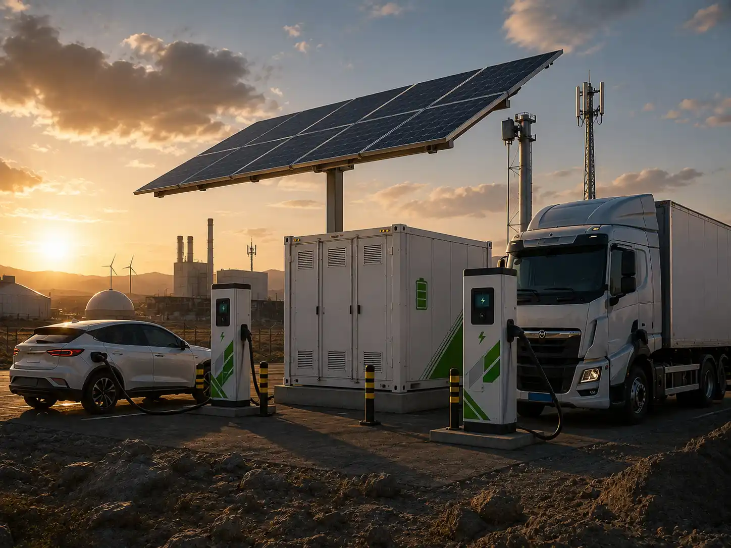 BESS fast chargers serving a car and truck at an industrial building