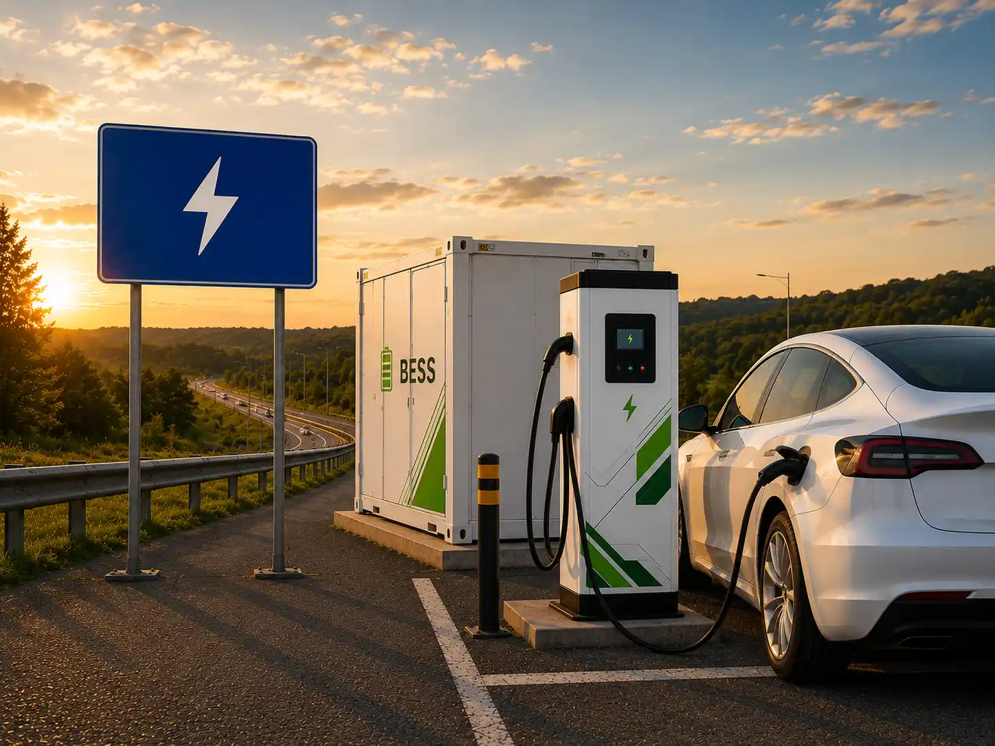 BESS fast charger beside a highway EV charging sign at sunset