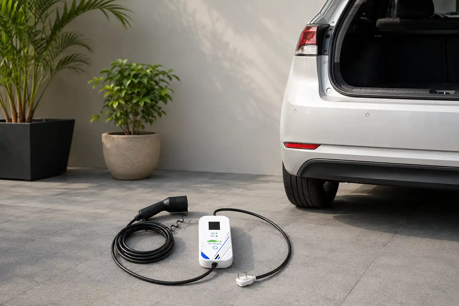 Portable EV charger charging a car on a lakeside road