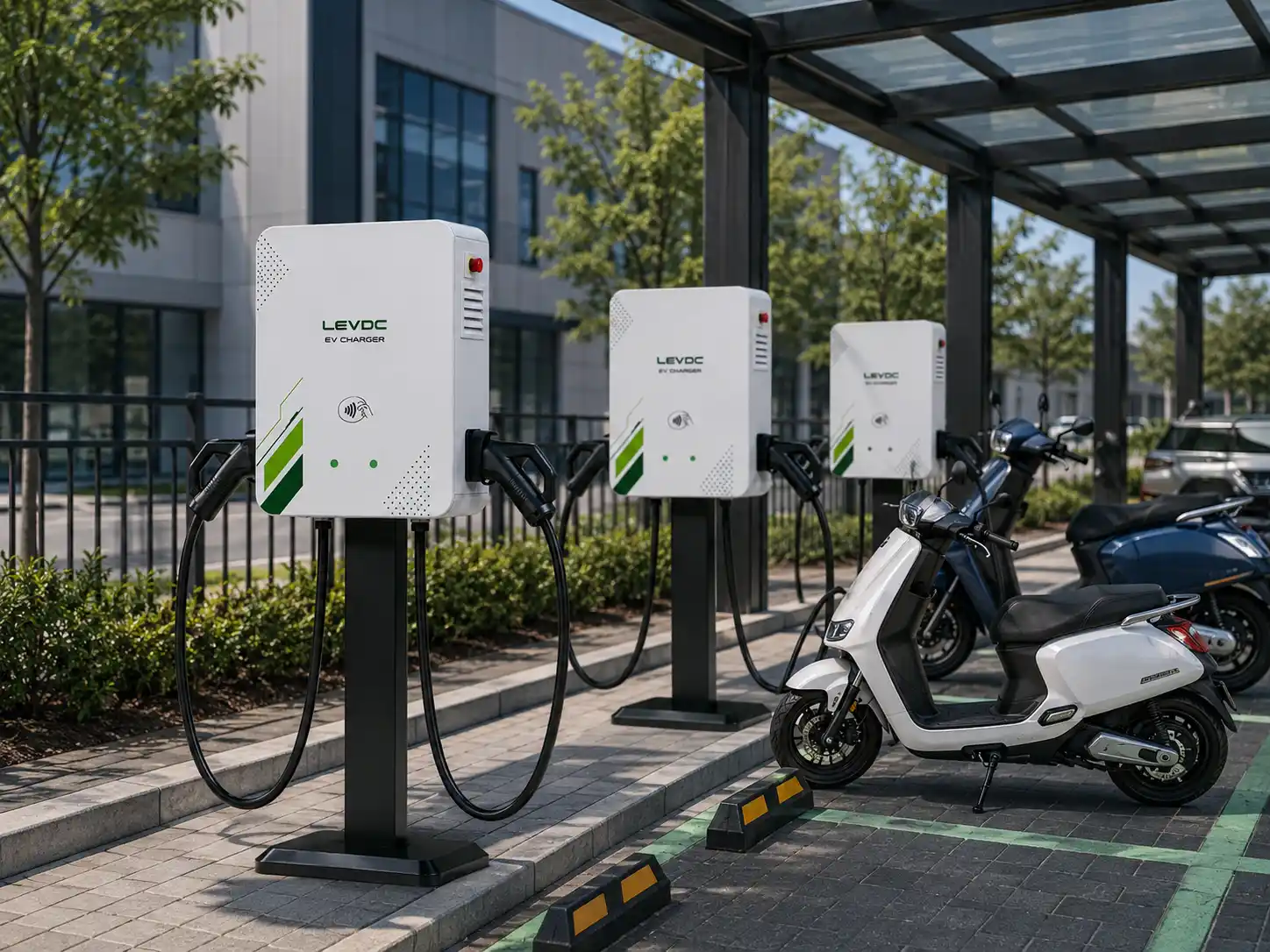 Compact DC fast charger with BESS and solar power